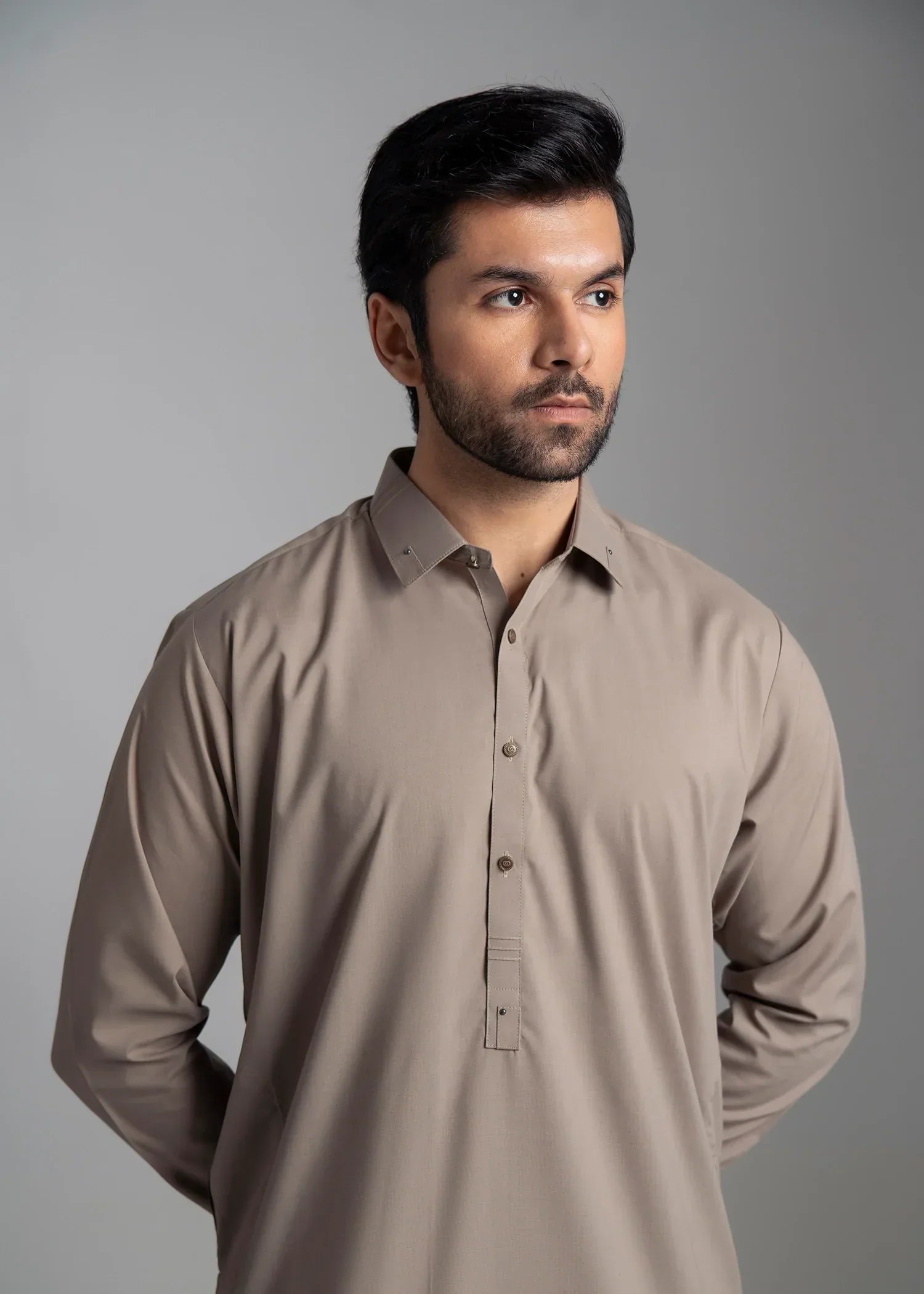 Picture of <!--amq-->Wash & Wear | Beige Collared Shalwar Kameez - Available at Raja Sahib