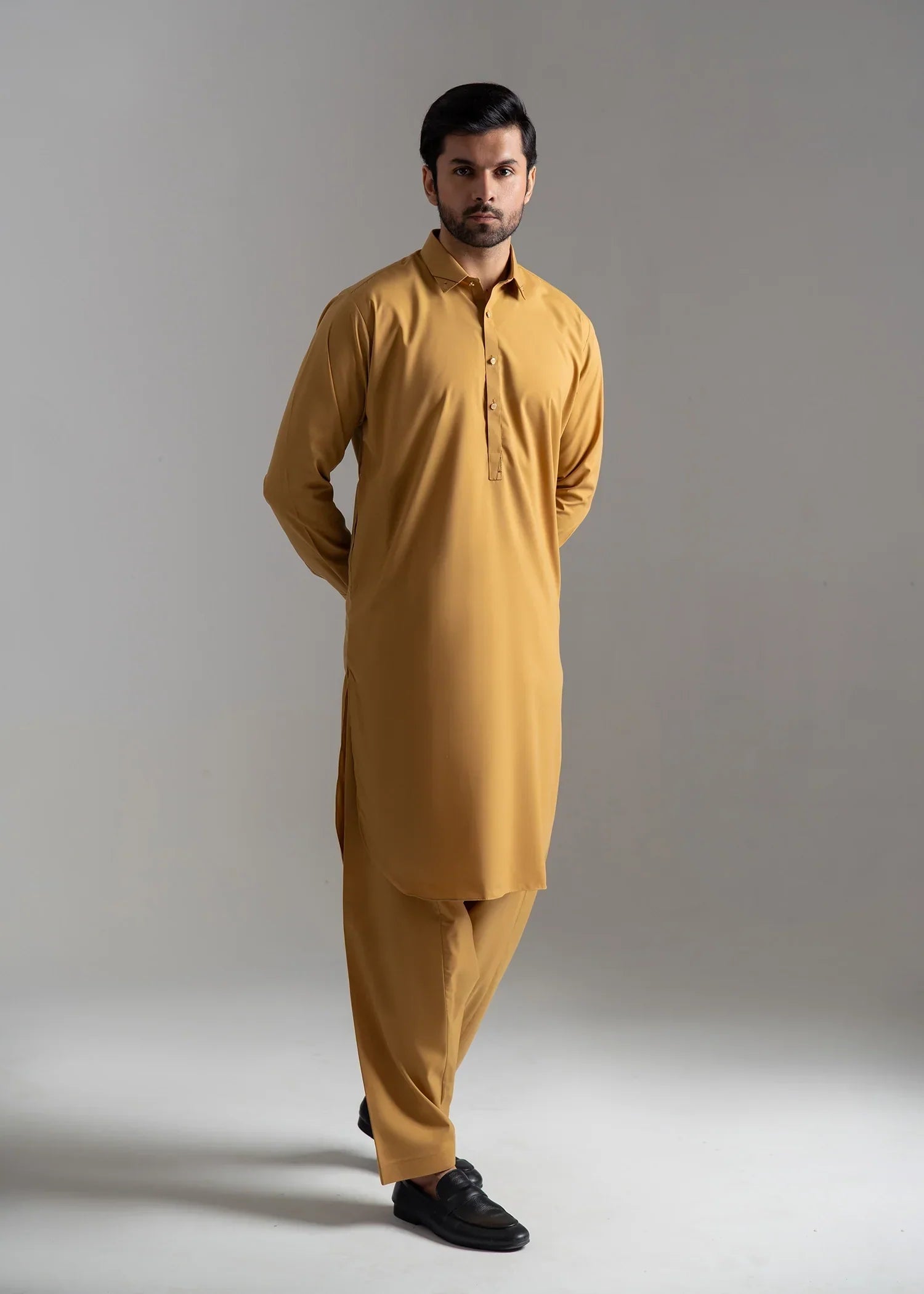Picture of <!--amu-->Wash & Wear | Goldenrod Collared Shalwar Kameez - Available at Raja Sahib