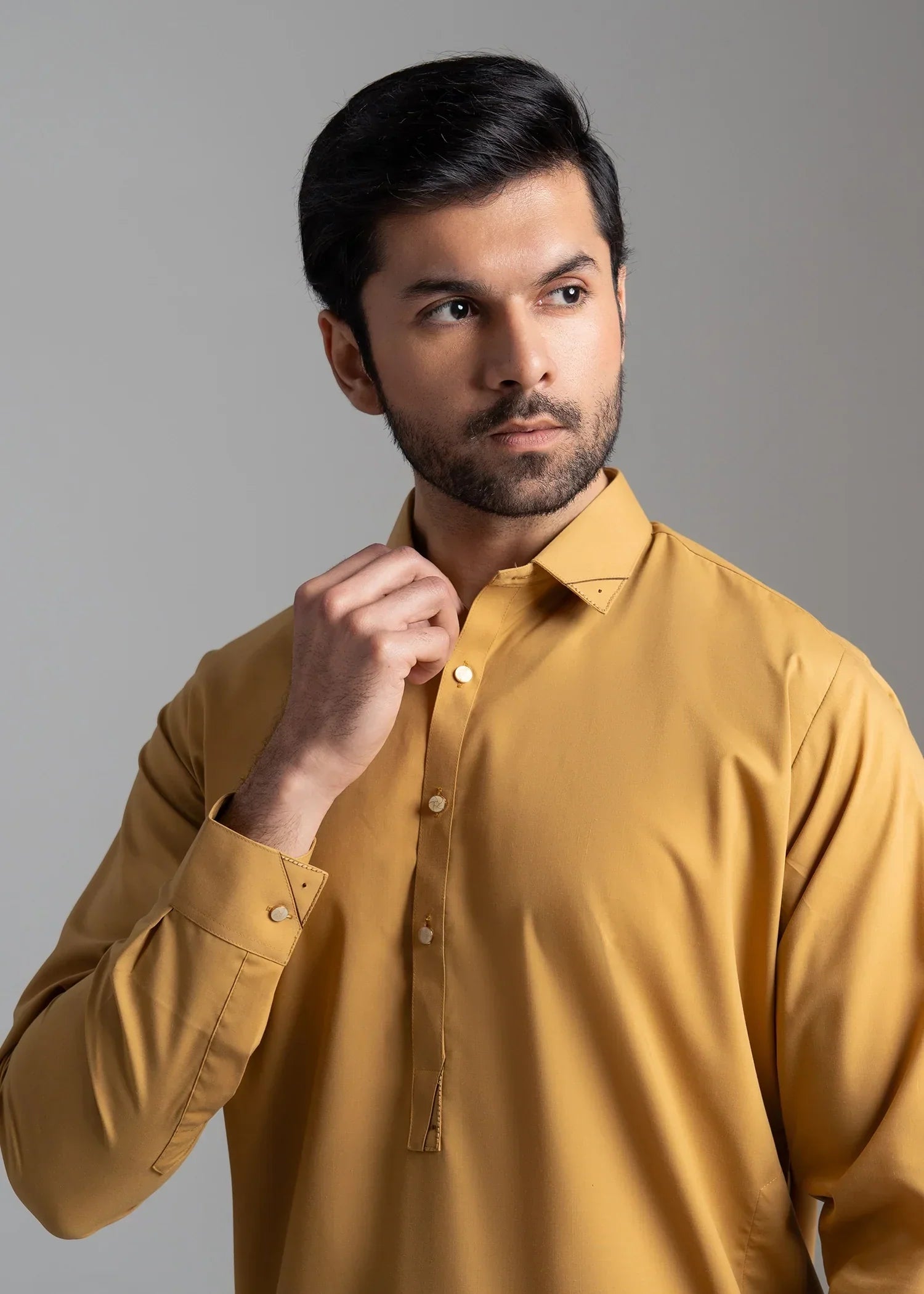 Picture of <!--amu-->Wash & Wear | Goldenrod Collared Shalwar Kameez - Available at Raja Sahib