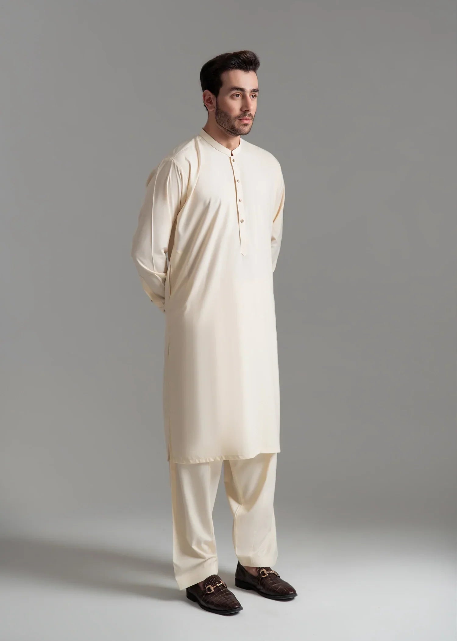 Picture of Wash & Wear | Off-White Ban Shalwar Kameez - Available at Raja Sahib