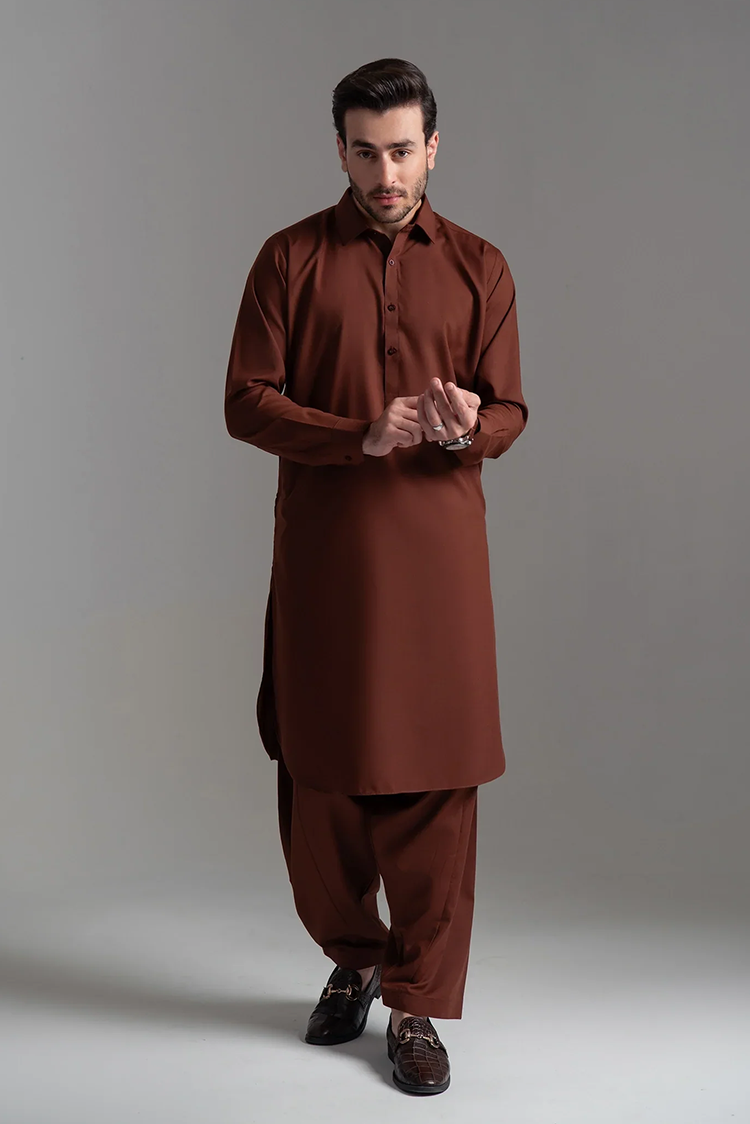 Picture of Wash & Wear | Brown Collared Shalwar Kameez - Available at Raja Sahib