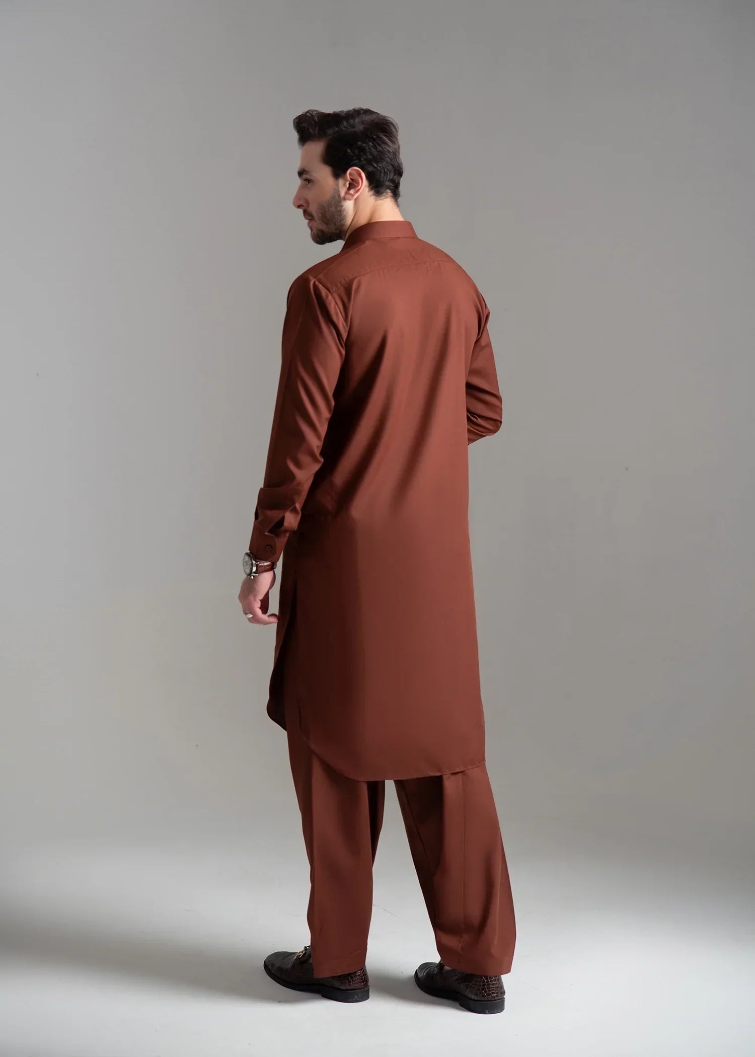 Picture of Wash & Wear | Brown Collared Shalwar Kameez - Available at Raja Sahib