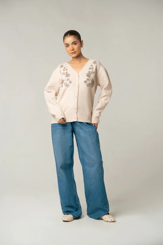 V-Neck Embroidered Knit Sweater