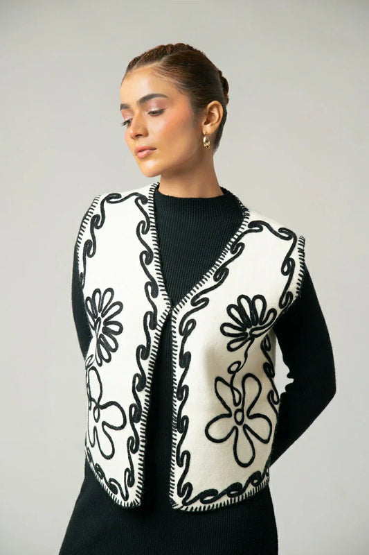 Sleeveless Embroidered Knit Cardigan