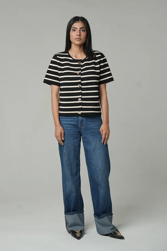 Short Sleeves Striped Knit Cardigan