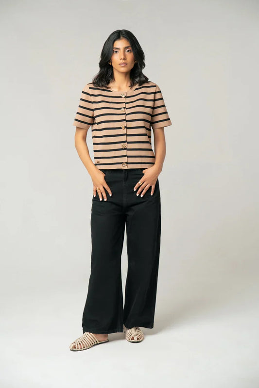 Short Sleeves Striped Knit Cardigan