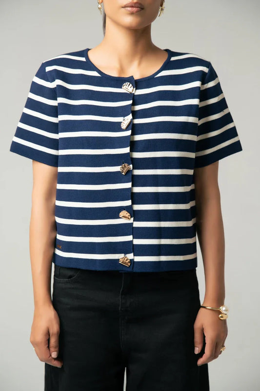 Short Sleeves Striped Knit Cardigan