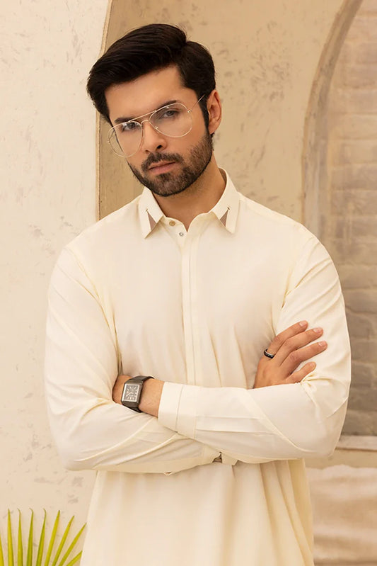Black Pearl - Wash & Wear | Cream Collar Shalwar Kameez