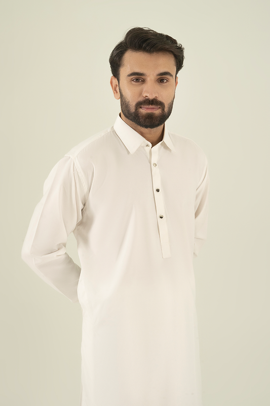 Black Pearl - Wash & Wear | Off White Collar Kameez Shalwar
