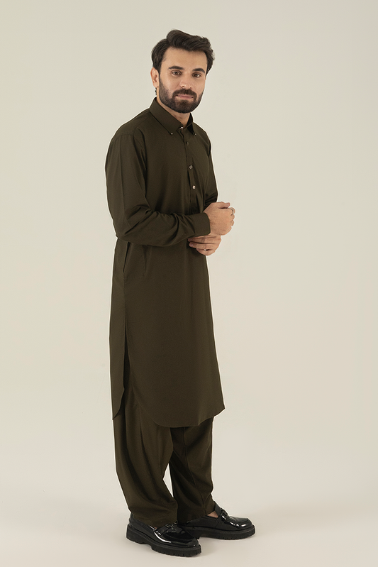 Black Pearl - Wash & Wear | Olive Collar Kameez Shalwar