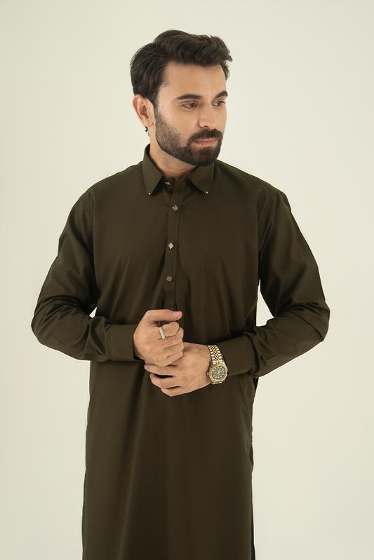 Black Pearl - Wash & Wear | Olive Collar Kameez Shalwar
