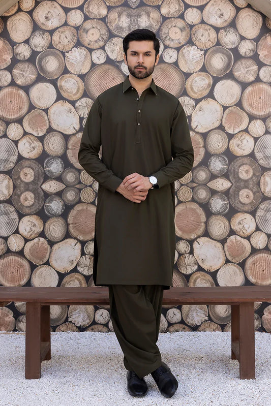 Black Pearl - Wash & Wear | Olive Collar Shalwar Kameez