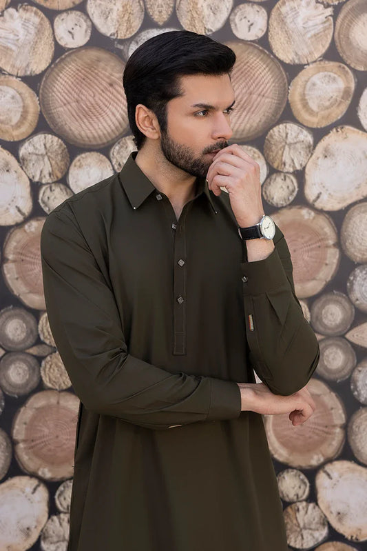 Black Pearl - Wash & Wear | Olive Collar Shalwar Kameez