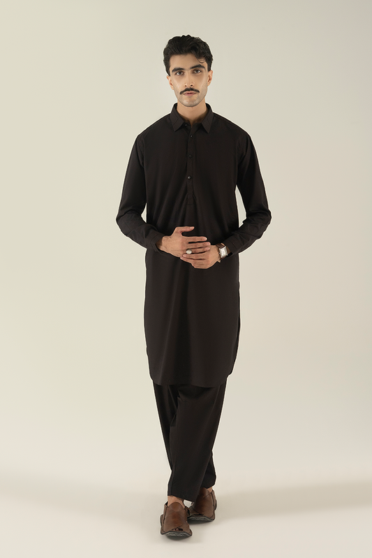 Black Pearl - Wash & Wear | Dark Brown Collar Kameez Shalwar