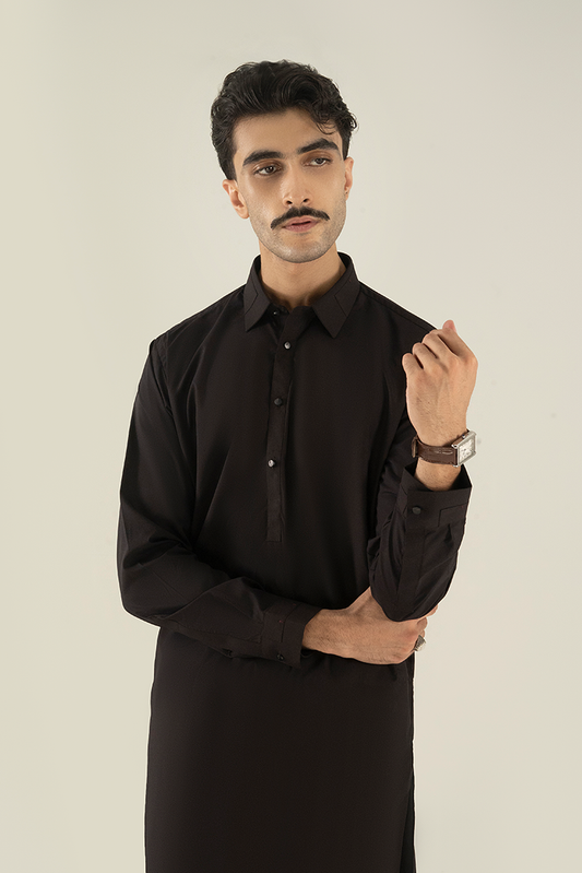 Black Pearl - Wash & Wear | Dark Brown Collar Kameez Shalwar