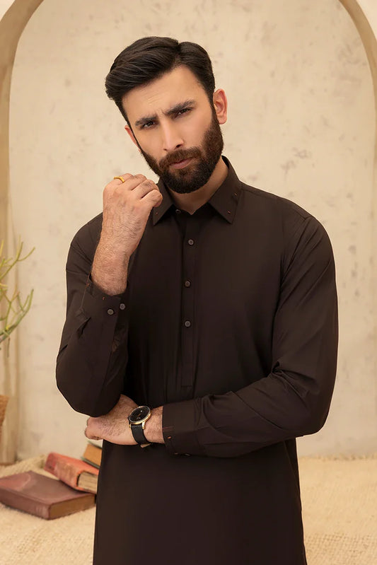 Black Pearl - Wash & Wear | Dark Brown Collar Shalwar Kameez