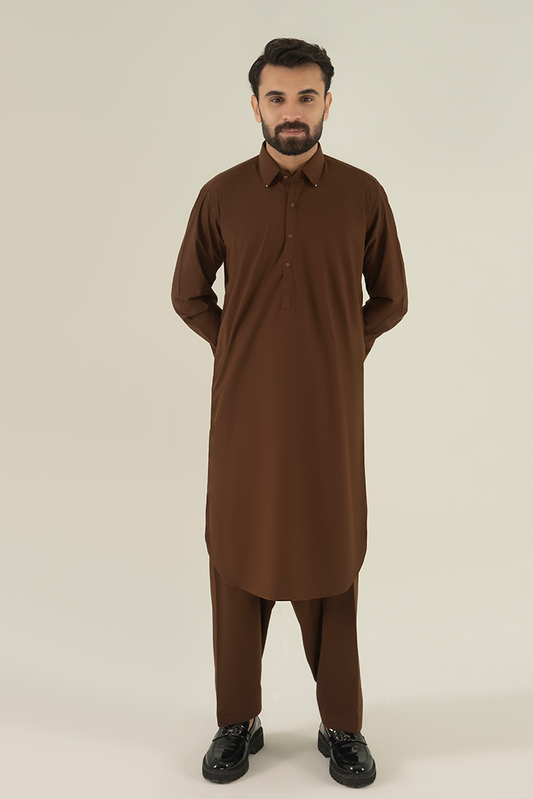 Black Pearl - Wash & Wear | Brown Collar Kameez Shalwar
