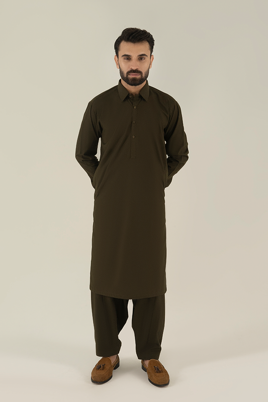 Black Pearl - Wash & Wear | Olive Collar Kameez Shalwar