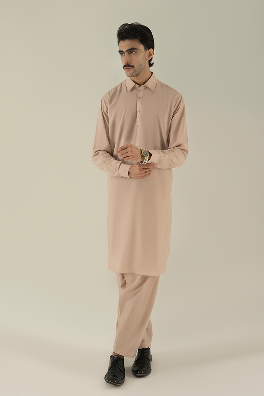 Black Pearl - Wash & Wear | Beige Collar Kameez Shalwar