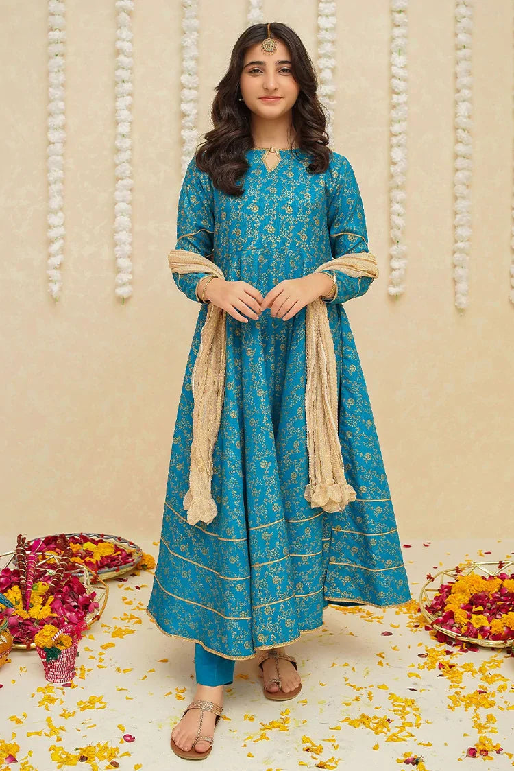 Picture of Modest - Rawsilk 3 Piece Blue Frock - 8915 - Available at Raja Sahib