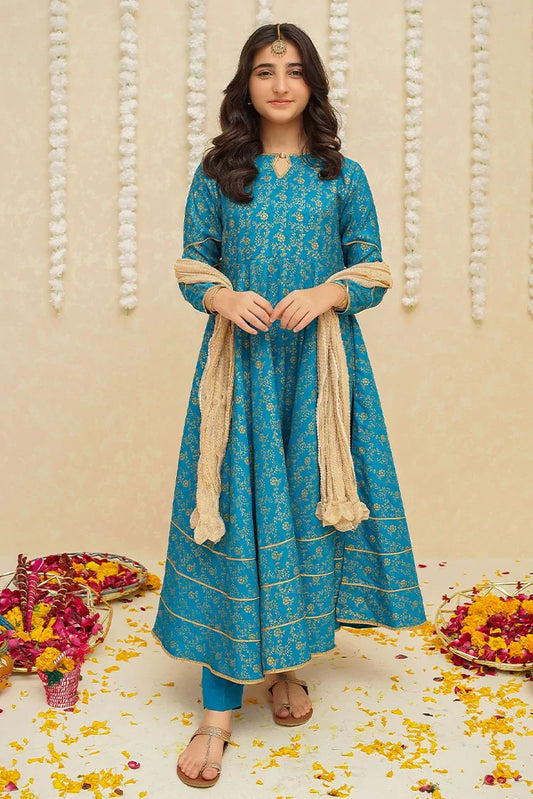 Picture of Modest - Rawsilk 3 Piece Blue Frock - 8915 - Available at Raja Sahib
