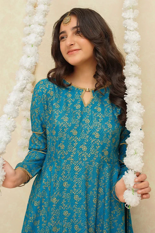 Picture of Modest - Rawsilk 3 Piece Blue Frock - 8915 - Available at Raja Sahib