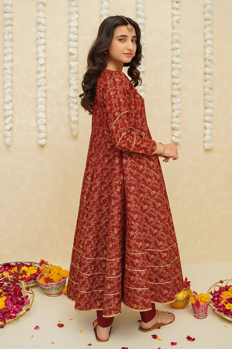 Picture of Modest - Rawsilk 3 Piece Maroon Frock - 8915 - Available at Raja Sahib