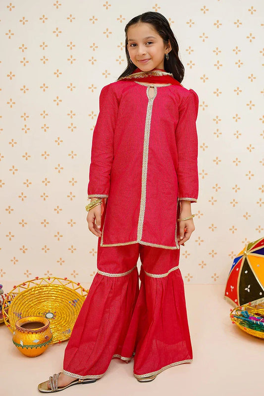 Picture of <!--bnf-->Modest - Girls Pink 3 Piece Gharara Set - 9520 - Available at Raja Sahib