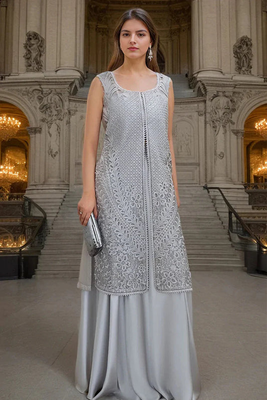 Threads & Motifs - Embroidered Jacket With Skirt - 9542-Grey