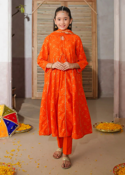 Modest - 3 Piece Orange Printed Cotton Suit