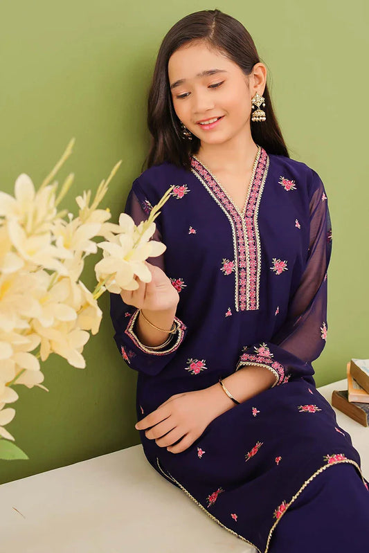 Modest - 3 Piece Embroidered Blue Chiffon Suit