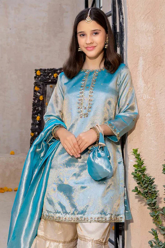 Modest - Meethi Eid - 3 Piece Blue Embroidered Maysuri Gharara