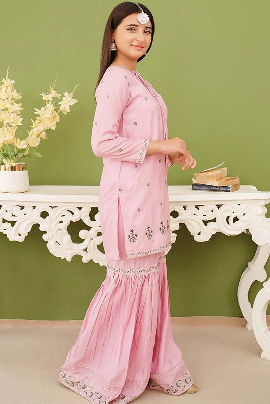Modest - 3 Piece Rawsilk Embroidered Pink Gharara