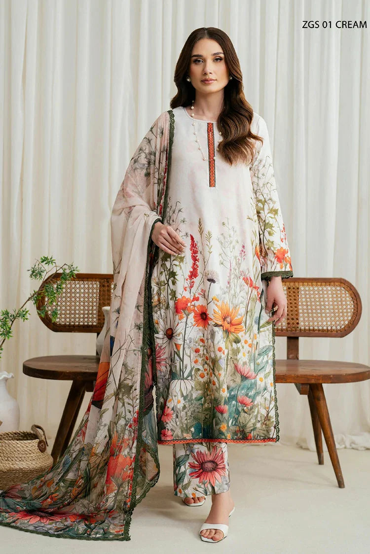 Picture of Zarif - Printed Georgette Silk Collection - ZGS-01 Cream - Unstitched - Available at Raja Sahib