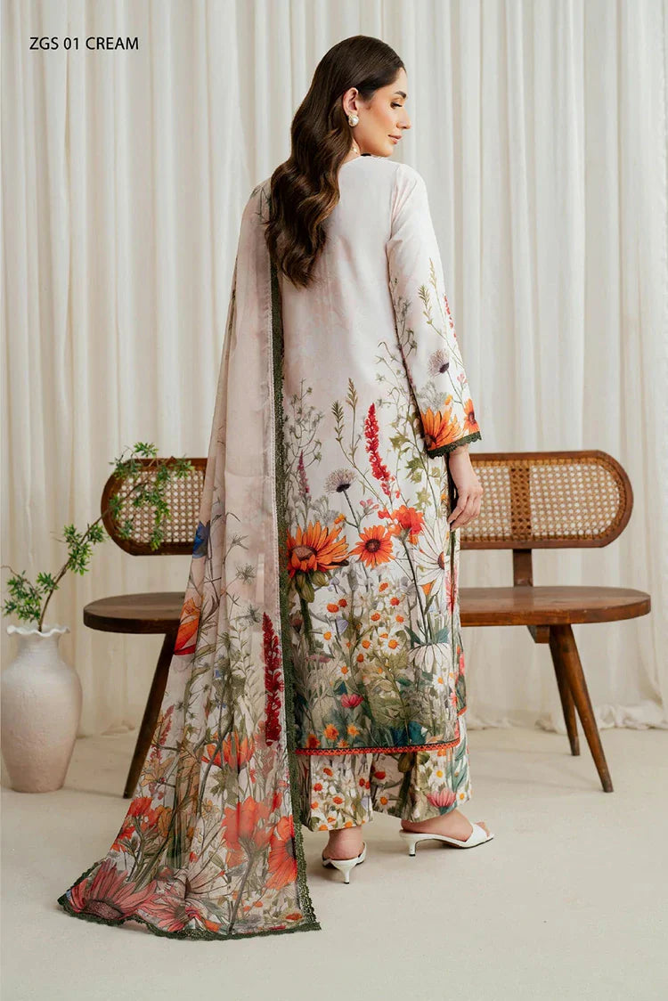 Picture of Zarif - Printed Georgette Silk Collection - ZGS-01 Cream - Unstitched - Available at Raja Sahib