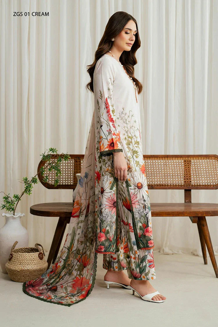 Picture of Zarif - Printed Georgette Silk Collection - ZGS-01 Cream - Unstitched - Available at Raja Sahib