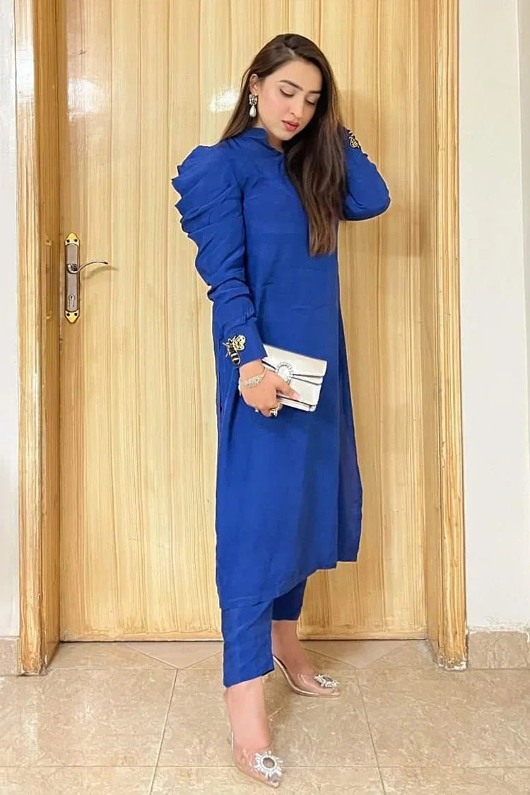 Picture of Manahils - Blue Puffy Sleeves Raw Silk - 2 Pc - Available at Raja Sahib