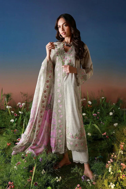 Sahar - Mirha Embroidered Printed Lawn Collection - SS1-26-38-Ivory Petaline - Unstitched