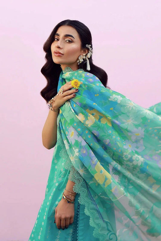 Sahar - Mirha Embroidered Printed Lawn Collection - SS1-26-43-Turquoise Drift - Unstitched