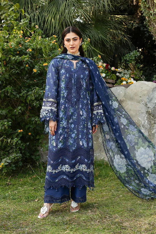 Elaf - Chikankari Prints With Chiffon Dupatta - ERC-3B NEEL - Unstitched