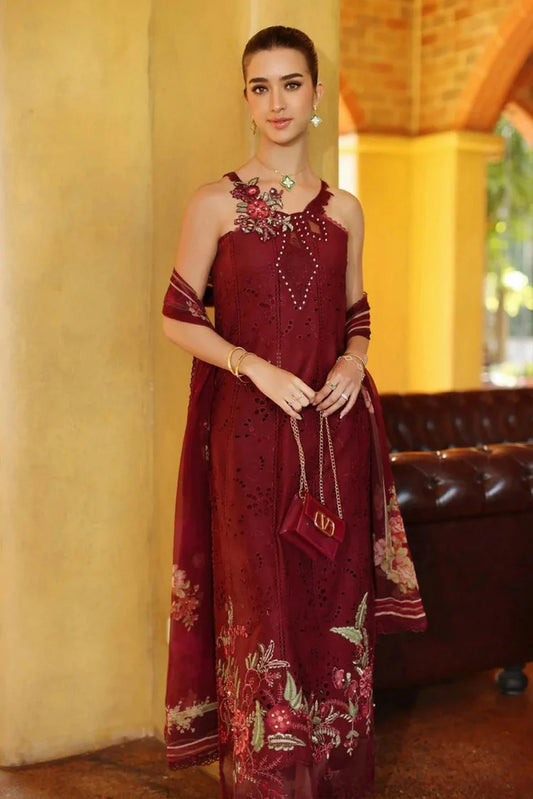 Noor by Saadia Asad - Noor Luxury Eid Handwork Schiffli Laserkari - D10A-Roselle - Unstitched