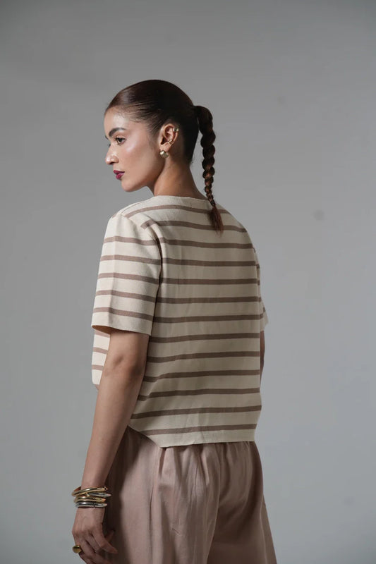 Short Sleeves Striped Knit Cardigan