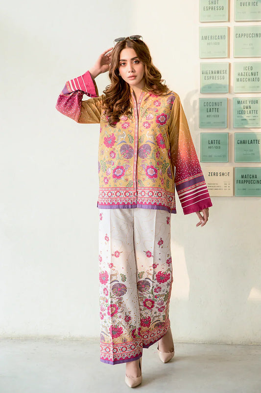 Picture of Mustard Floral Art Fusion Printed Premium Blend Co-Ord Set - Available at Raja Sahib
