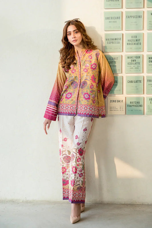 Picture of Mustard Floral Art Fusion Printed Premium Blend Co-Ord Set - Available at Raja Sahib
