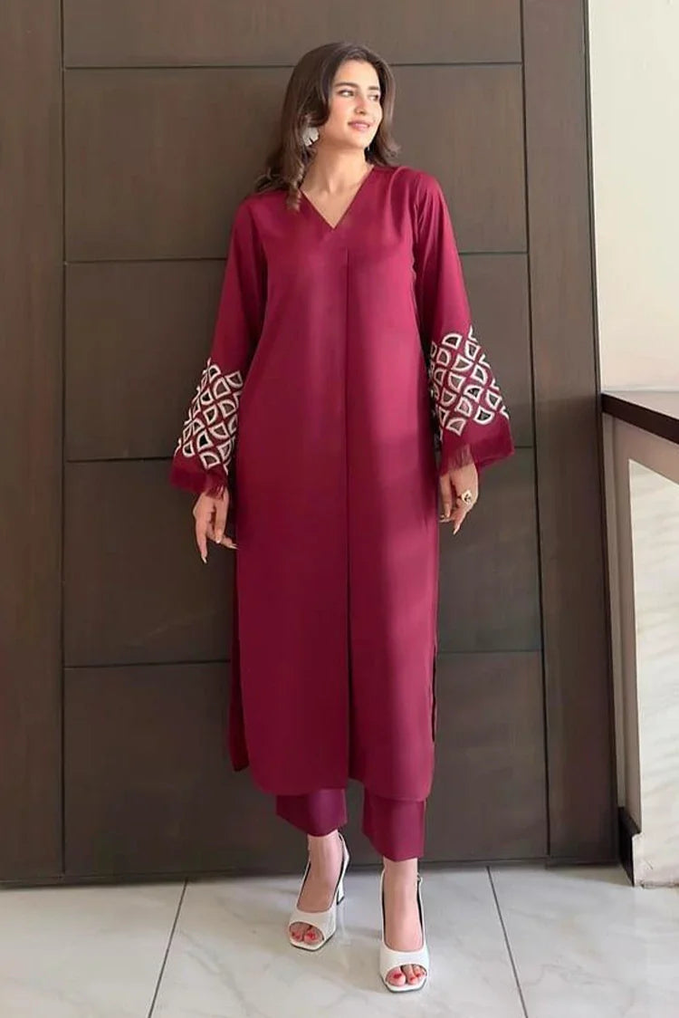 Picture of Manahils - Embroidered Tunic - Burgundy Maroon - Available at Raja Sahib