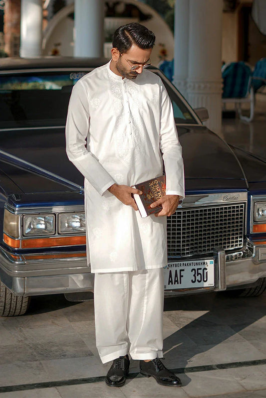 Fabrich - Men's Embroidered Unstitched Kameez Shalwar - Snow White