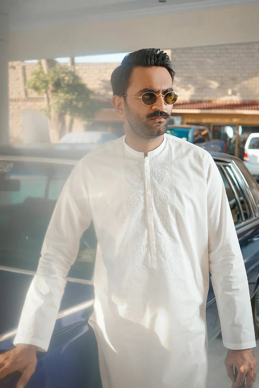 Fabrich - Men's Embroidered Unstitched Kameez Shalwar - Snow White