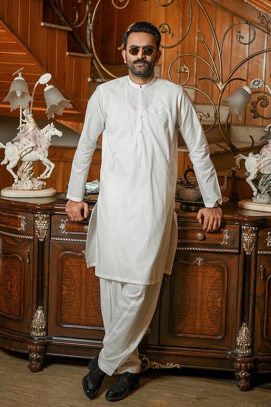 Fabrich - Men's Embroidered Unstitch Kameez Shalwar - Snow White