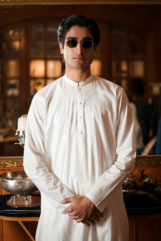 Fabrich - Men's Embroidered Unstitch Kameez Shalwar - Snow White