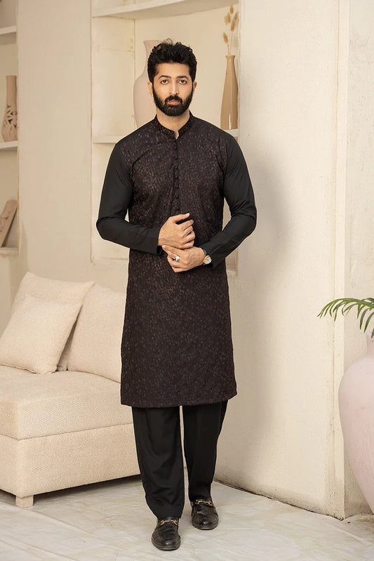 Fabrich - Men's Embroidered Unstitch Kameez Shalwar - Black